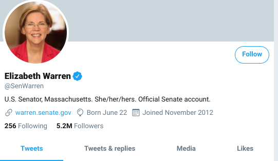 screenshot of Elizabeth Warren's twitter profile