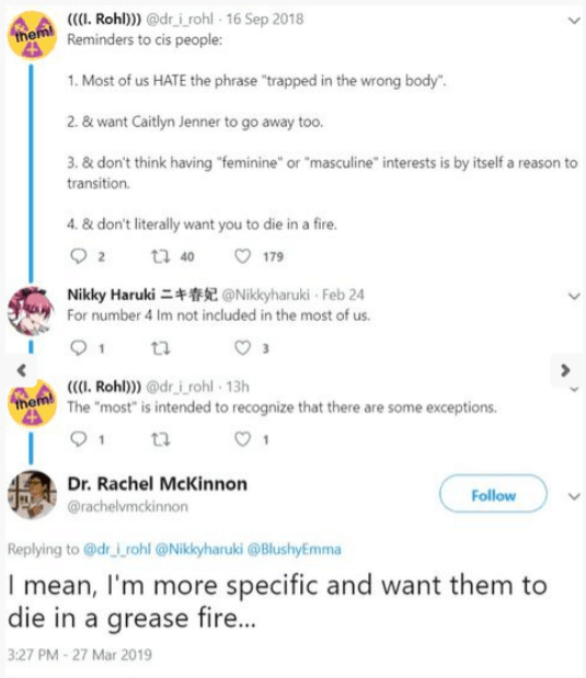 Rachel McKinnon wants "cis" people to "die in a grease fire"