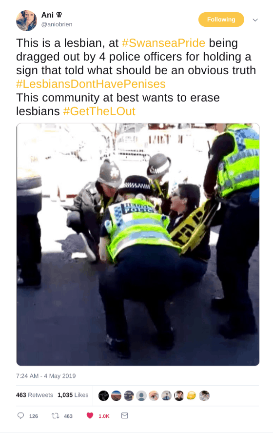 Ani O'Brien twitter shows lesbian dragged out by 4 police officers for holding sign that says lesbians don't have penises. Swansea Pride, South Wales