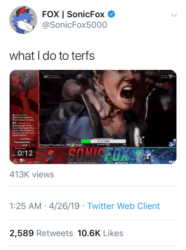 SonicFox on twitter threatens violence against women