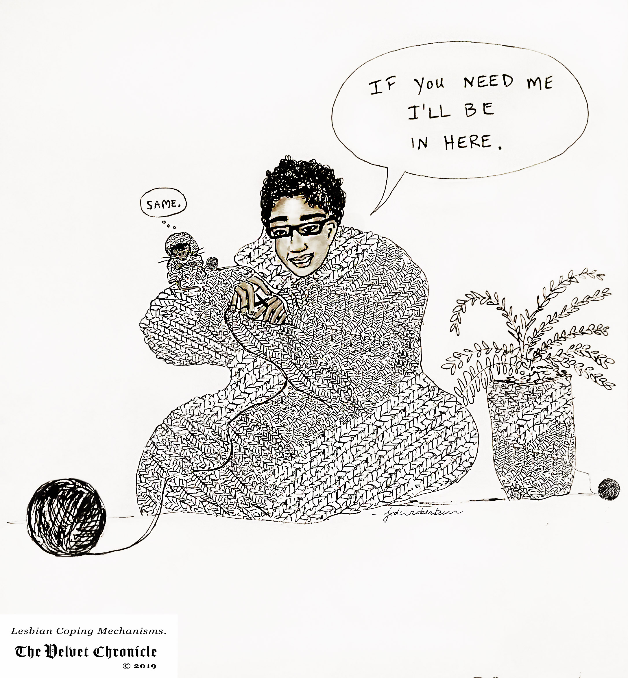 Claire shrugged and kept knitting, cartoon