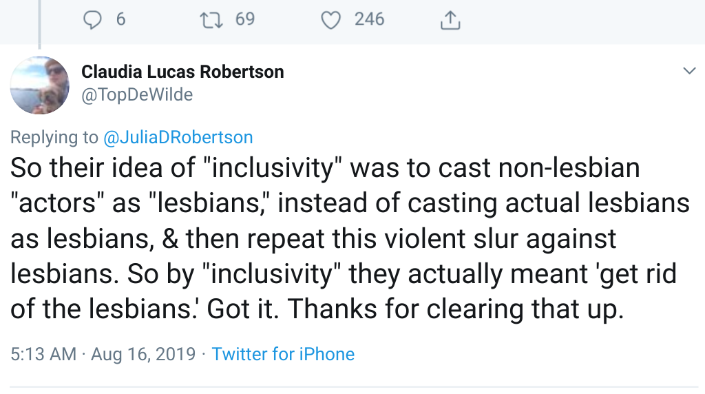 screenshot of Claudia Lucas Robertson  @topdewilde tweet about the L Word reboot