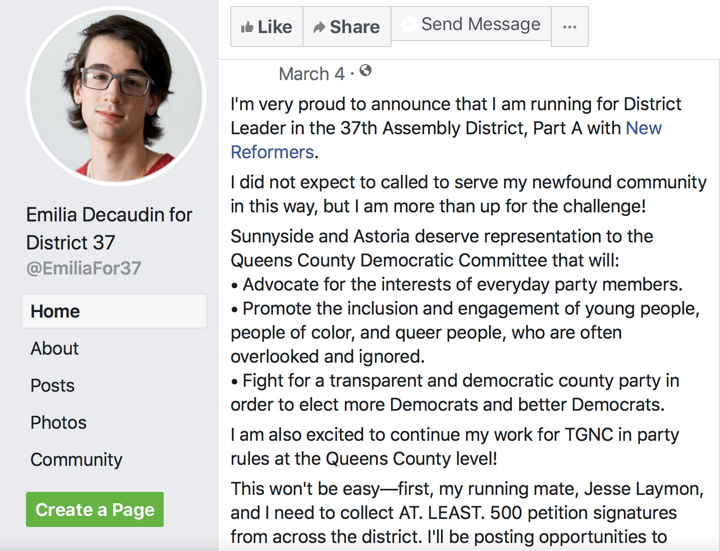 Emilia Decaudin Female District Leader, March 4, Facebook