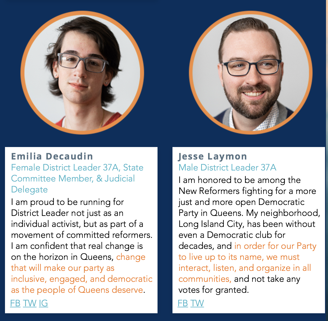 Emilia Decaudin and Jesse Laymon run for Female District Leaderand Male District Leader in Queens County