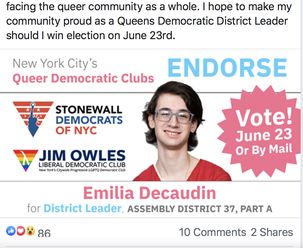 Emilia Decaudin Female District Leader, endorsed by New York City's Queer Democratic Clubs: Stonewall Democrats NYC and Jim Owles Liberal Democratic Club, Facebook