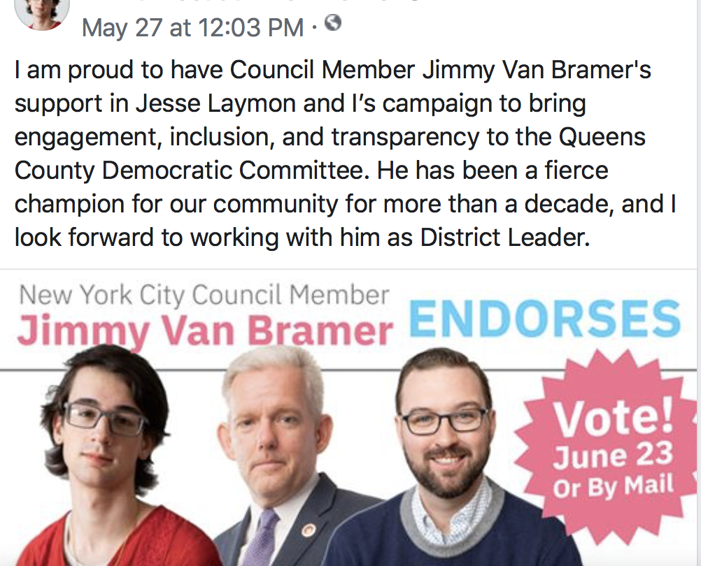 Emilia Decaudin Female District Leader, endorsed by New York City Concil Member Jimmy Van Bramer, May 27, Facebook