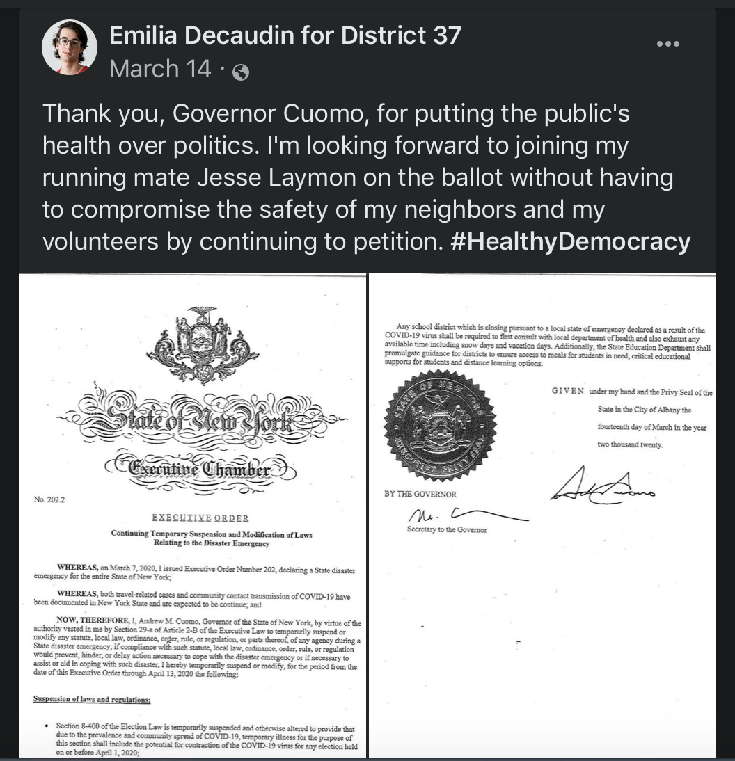 Emilia Decaudin Female District Leader, thanks Governor Cuomo, March 14, Facebook