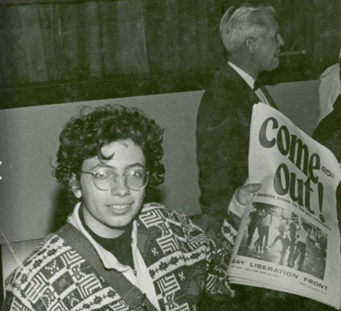Martha Shelley sells  copies of the Gay Liberation Front paper at NYU, 1970